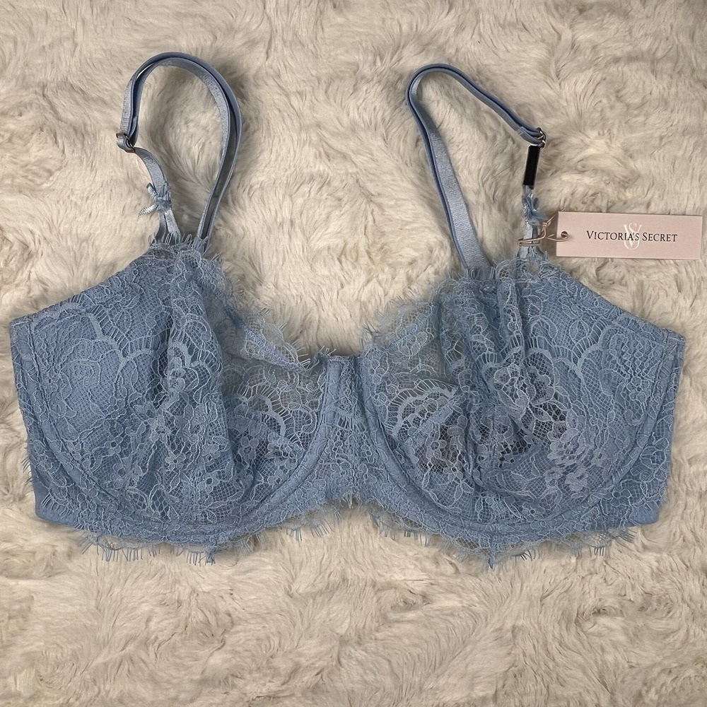 Victoria's Secret Dream Angels Wicked Unlined Lace Balconette Bra Blue 34DD NWT